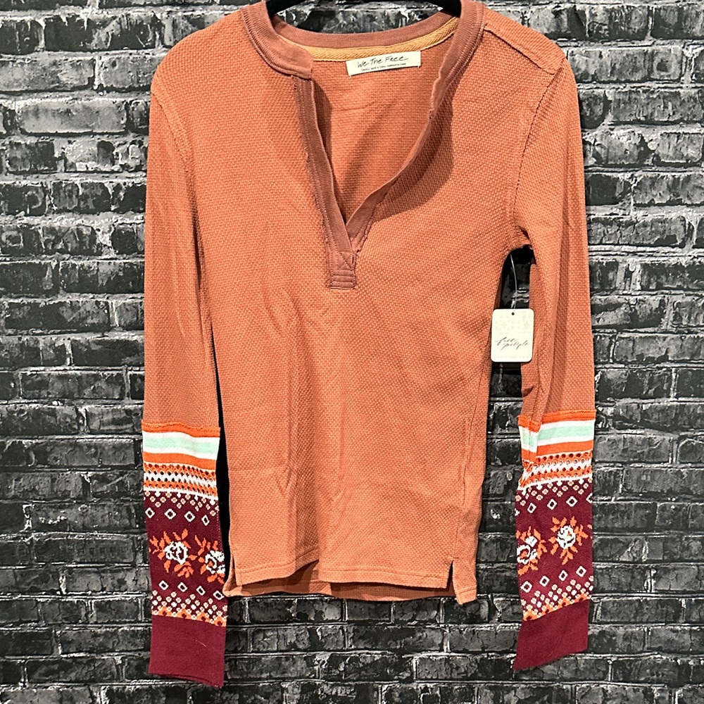 NWT Free People We The Free Terracotta Long Sleeve Top with Patterned Sleeves!